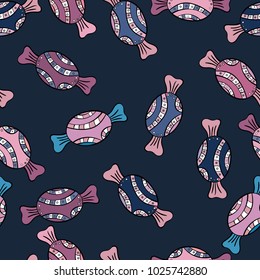 Vector. Cute hand drawn dessert illustration seamless pattern with blue, black and neutral background.