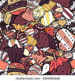 Vector. Cute hand drawn dessert illustration seamless pattern with brown, black and white background.