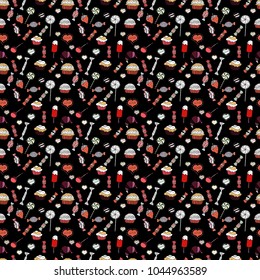 Vector. Cute hand drawn dessert illustration seamless pattern with black, gray and white background.