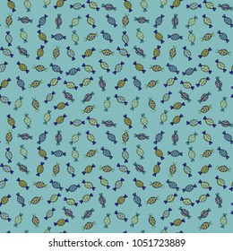 Vector. Cute hand drawn dessert illustration seamless pattern with blue, black and green background.