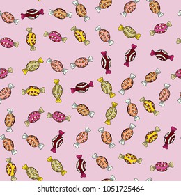 Vector. Cute hand drawn dessert illustration seamless pattern with neutral, black and beige background.
