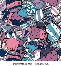 Vector. Cute hand drawn dessert illustration seamless pattern with blue, black and neutral background.