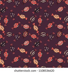 Vector. Cute hand drawn dessert illustration seamless pattern with brown, pink and black background.