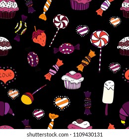 Vector. Cute hand drawn dessert illustration seamless pattern with white, purple and black background.