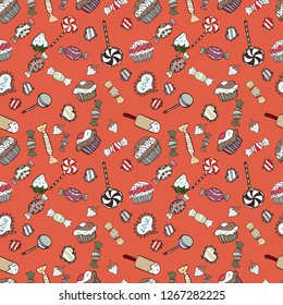 Vector. Cute hand drawn dessert illustration seamless pattern with white, orange and black background.