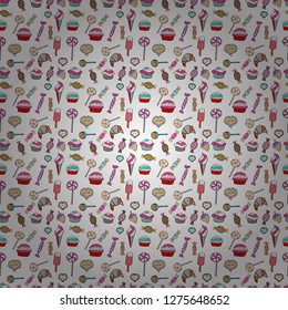 Vector. Cute hand drawn dessert illustration seamless pattern with pink, black and white background.