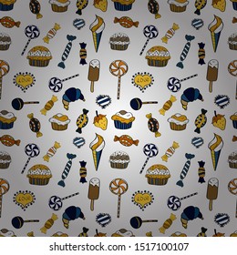 Vector. Cute hand drawn dessert illustration seamless pattern with black, yellow and white background.