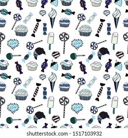 Vector. Cute hand drawn dessert illustration seamless pattern with neutral, black and white background.