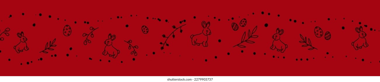 Vector. Cute hand drawn Easter horizontal background with bunnies, easter eggs. Festive background with Easter linear symbols. Copy space for text. Design cards, banners and other promotional items.