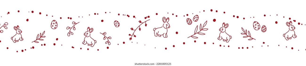 Vector. Cute hand drawn Easter horizontal background with bunnies, easter eggs. Festive background with Easter linear symbols. Copy space for text. Design cards, banners and other promotional items.