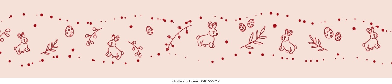 Vector. Cute hand drawn Easter horizontal background with bunnies, easter eggs. Festive background with Easter linear symbols. Copy space for text. Design cards, banners and other promotional items.