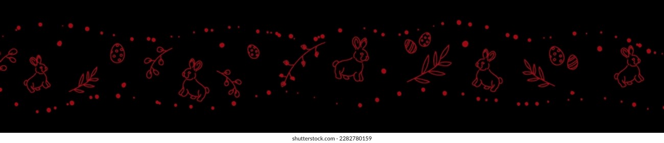 Vector. Cute hand drawn Easter horizontal background with bunnies, easter eggs. Festive background with Easter linear symbols. Copy space for text. Design cards, banners and other promotional items.