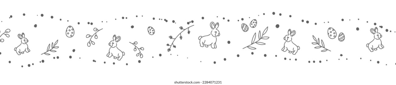 Vector. Cute hand drawn Easter horizontal background with bunnies, easter eggs. Festive background with Easter linear symbols. Copy space for text. Design cards, banners and other promotional items.