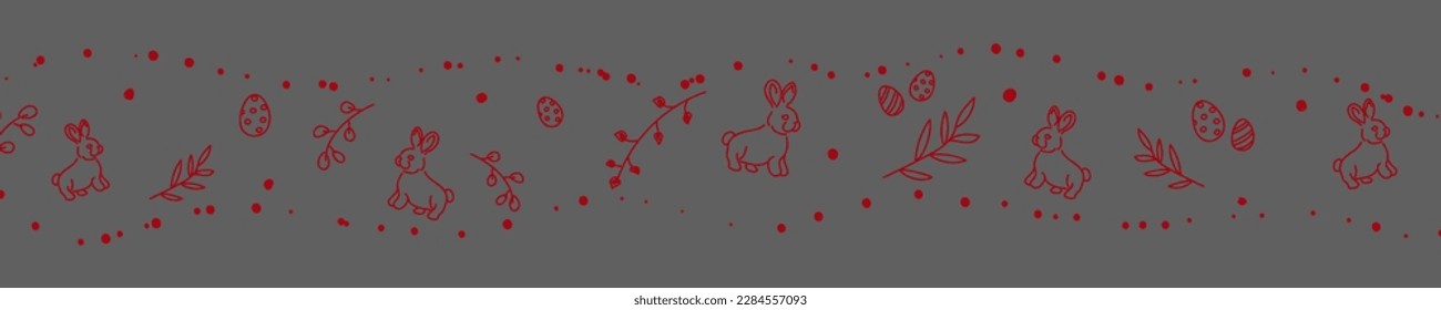 Vector. Cute hand drawn Easter horizontal background with bunnies, easter eggs. Festive background with Easter linear symbols. Copy space for text. Design cards, banners and other promotional items.