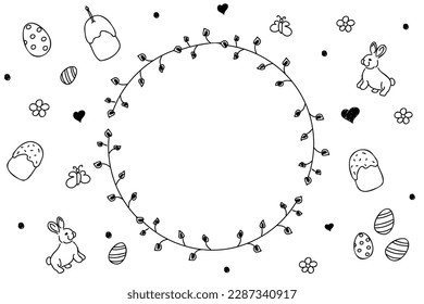 Vector. Cute hand drawn Easter horizontal background with bunnies, easter eggs. Festive background with Easter linear symbols. Copy space for text. Design cards, banners and other promotional items.