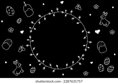 Vector. Cute hand drawn Easter horizontal background with bunnies, easter eggs. Festive background with Easter linear symbols. Copy space for text. Design cards, banners and other promotional items.