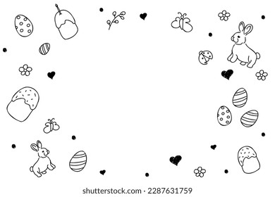 Vector. Cute hand drawn Easter horizontal background with bunnies, easter eggs. Festive background with Easter linear symbols. Copy space for text. Design cards, banners and other promotional items.