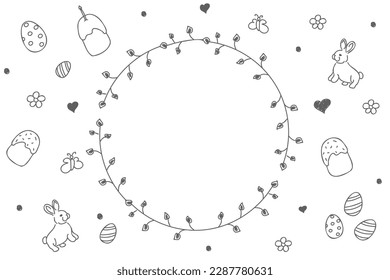 Vector. Cute hand drawn Easter horizontal background with bunnies, easter eggs. Festive background with Easter linear symbols. Copy space for text. Design cards, banners and other promotional items.