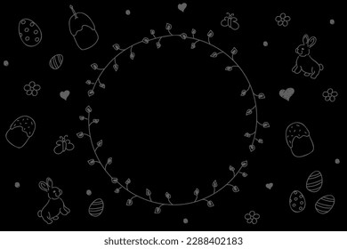 Vector. Cute hand drawn Easter horizontal background with bunnies, easter eggs. Festive background with Easter linear symbols. Copy space for text. Design cards, banners and other promotional items.