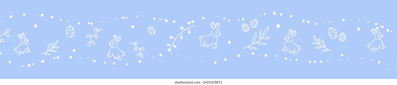 Vector. Cute hand drawn Easter horizontal background with bunnies, easter eggs. Festive background with Easter linear symbols. Copy space for text. Design cards, banners and other promotional items.