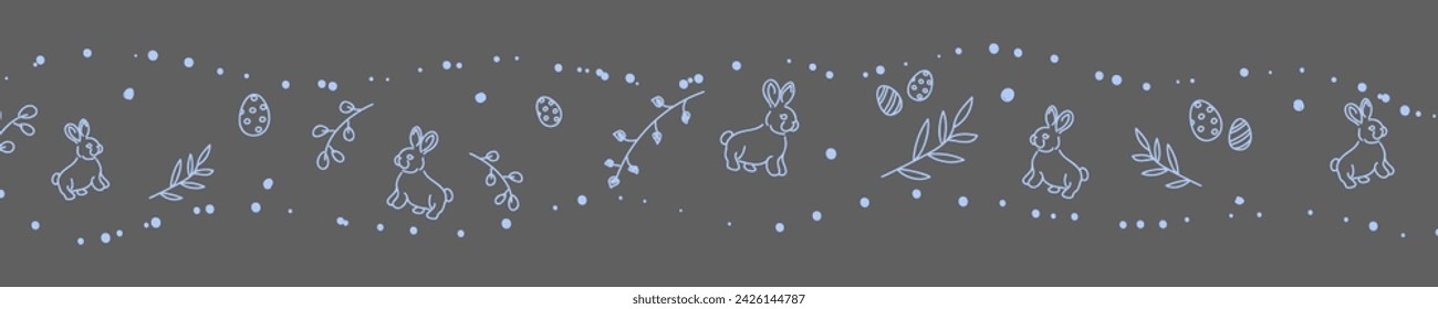 Vector. Cute hand drawn Easter horizontal background with bunnies, easter eggs. Festive background with Easter linear symbols. Copy space for text. Design cards, banners and other promotional items.