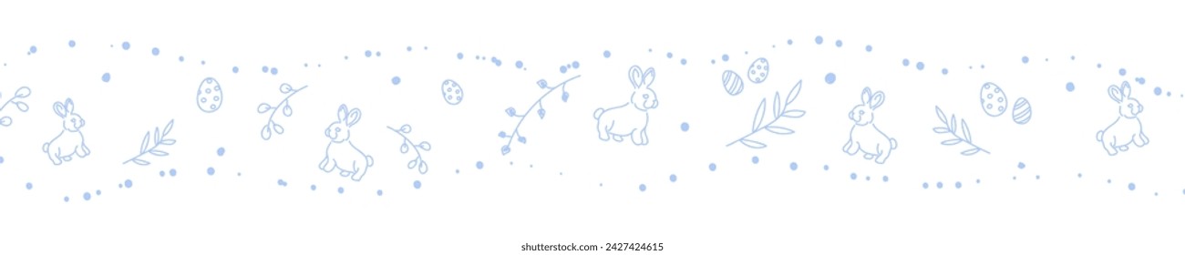 Vector. Cute hand drawn Easter horizontal background with bunnies, easter eggs. Festive background with Easter linear symbols. Copy space for text. Design cards, banners and other promotional items.