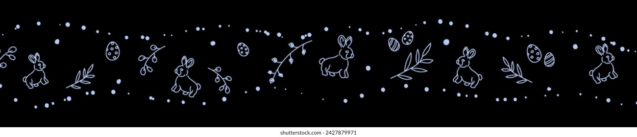 Vector. Cute hand drawn Easter horizontal background with bunnies, easter eggs. Festive background with Easter linear symbols. Copy space for text. Design cards, banners and other promotional items.