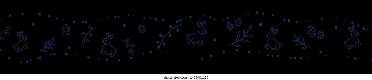 Vector. Cute hand drawn Easter horizontal background with bunnies, easter eggs. Festive background with Easter linear symbols. Copy space for text. Design cards, banners and other promotional items.