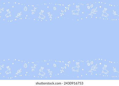 Vector. Cute hand drawn Easter horizontal background with bunnies, easter eggs. Festive background with Easter linear symbols. Copy space for text. Design cards, banners and other promotional items.