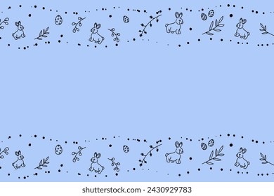 Vector. Cute hand drawn Easter horizontal background with bunnies, easter eggs. Festive background with Easter linear symbols. Copy space for text. Design cards, banners and other promotional items.