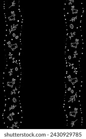 Vector. Cute hand drawn Easter vertical background with bunnies, easter eggs. Festive background with Easter linear symbols. Copy space for text. Design cards, banners and other promotional items.