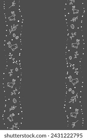 Vector. Cute hand drawn Easter vertical background with bunnies, easter eggs. Festive background with Easter linear symbols. Copy space for text. Design cards, banners and other promotional items.