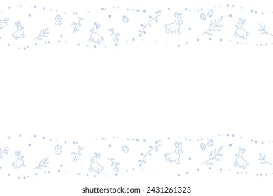 Vector. Cute hand drawn Easter horizontal background with bunnies, easter eggs. Festive background with Easter linear symbols. Copy space for text. Design cards, banners and other promotional items.
