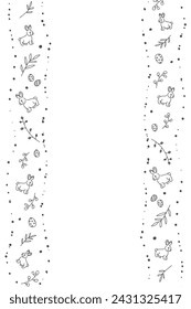 Vector. Cute hand drawn Easter vertical background with bunnies, easter eggs. Festive background with Easter linear symbols. Copy space for text. Design cards, banners and other promotional items.