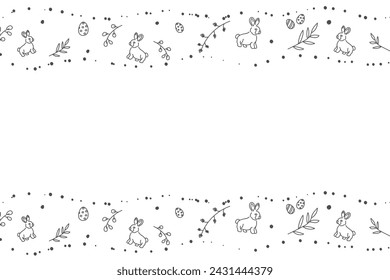 Vector. Cute hand drawn Easter horizontal background with bunnies, easter eggs. Festive background with Easter linear symbols. Copy space for text. Design cards, banners and other promotional items.
