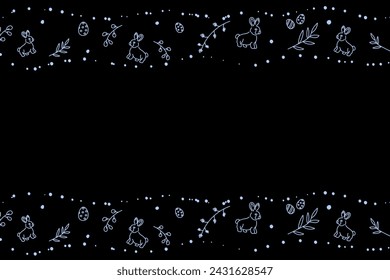 Vector. Cute hand drawn Easter horizontal background with bunnies, easter eggs. Festive background with Easter linear symbols. Copy space for text. Design cards, banners and other promotional items.