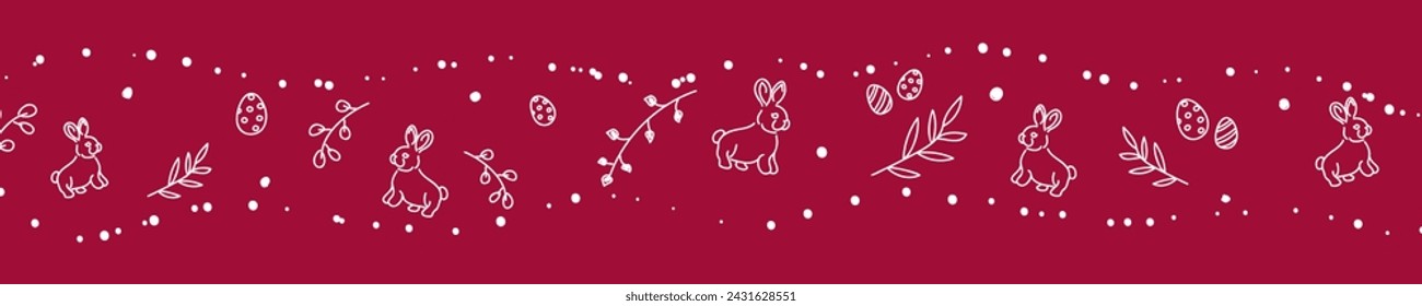 Vector. Cute hand drawn Easter horizontal background with bunnies, easter eggs. Festive background with Easter linear symbols. Copy space for text. Design cards, banners and other promotional items.