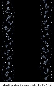 Vector. Cute hand drawn Easter vertical background with bunnies, easter eggs. Festive background with Easter linear symbols. Copy space for text. Design cards, banners and other promotional items.