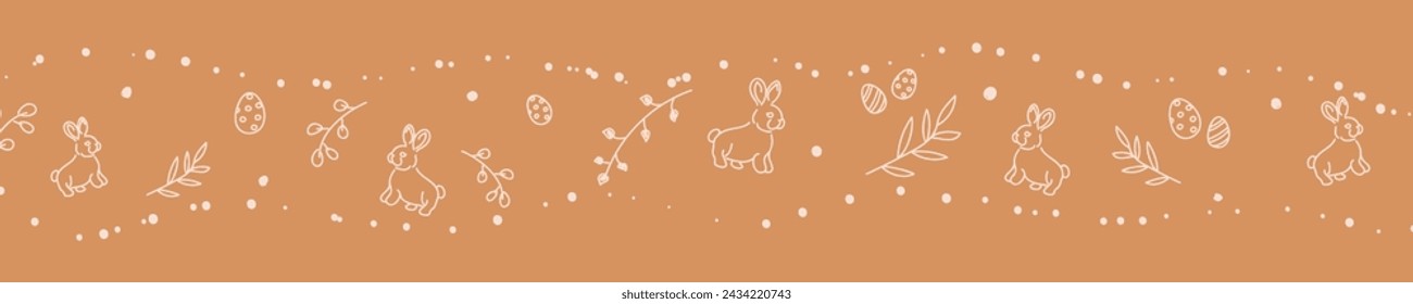 Vector. Cute hand drawn Easter horizontal background with bunnies, easter eggs. Festive background with Easter linear symbols. Copy space for text. Design cards, banners and other promotional items.