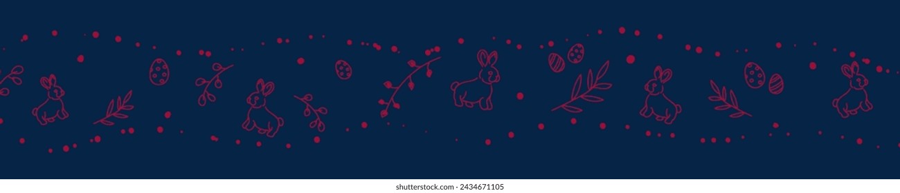 Vector. Cute hand drawn Easter horizontal background with bunnies, easter eggs. Festive background with Easter linear symbols. Copy space for text. Design cards, banners and other promotional items.