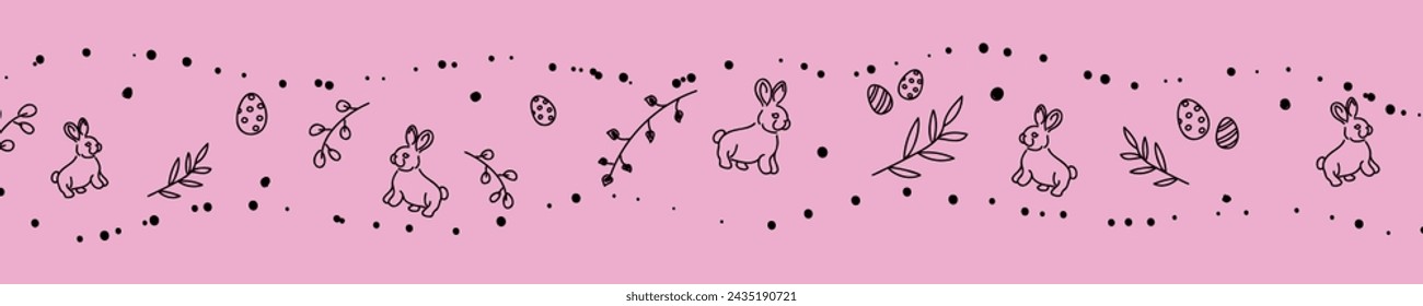 Vector. Lindo fondo horizontal de Pascua dibujado a mano con conejos, huevos de Pascua. Fondo festivo con símbolos lineales de Pascua. Copiar espacio para texto. Tarjetas de diseño, banners y otros artículos promocionales.