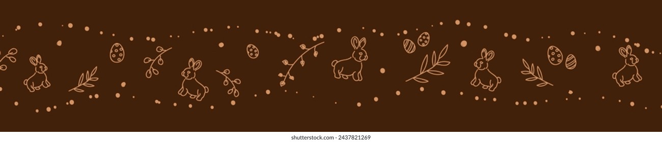 Vector. Cute hand drawn Easter horizontal background with bunnies, easter eggs. Festive background with Easter linear symbols. Copy space for text. Design cards, banners and other promotional items.