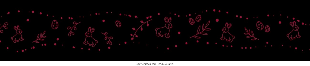 Vector. Cute hand drawn Easter horizontal background with bunnies, easter eggs. Festive background with Easter linear symbols. Copy space for text. Design cards, banners and other promotional items.