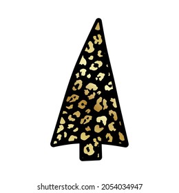 Vector cute hand drawn gold leopard print textured Christmas tree. Doodle stylized wild animal cheetah golden skin on black fir silhouette icon. New Year symbol for print, sticker, decor.