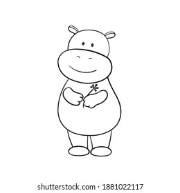vector cute hand drawn hippo with flower in hand