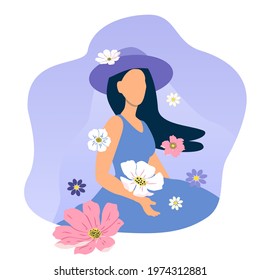 vector cute hand drawn illustration - a young girl in a hat and flowers. summer trend illustration in flat style