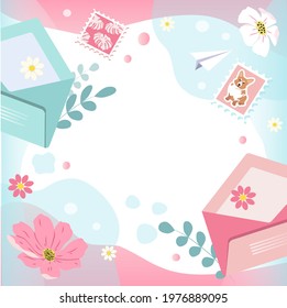 vector cute hand drawn illustration - background, frame with place for text in pink and blue colors with flowers, envelopes and stamps. trend illustration in flat style