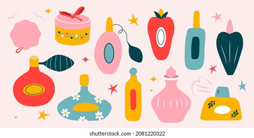 vector cute hand drawn illustration - a set of various perfumes, bottles, aromas. trend illustration in flat style, retro style