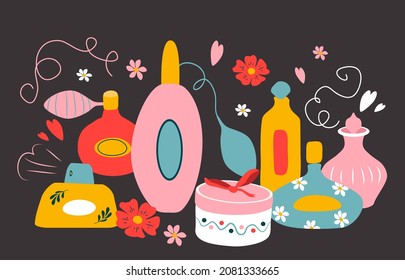 vector cute hand drawn illustration - a set of various perfumes, bottles, aroma powder. trend illustration in flat style