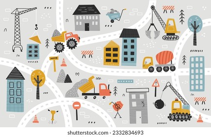 vector cute hand drawn illustration, construction area with buildings and vehicles, wallpaper for children